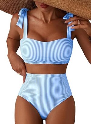 Herseas Women Tie Shoulder Bikini Sets 2 Piece Stripe
