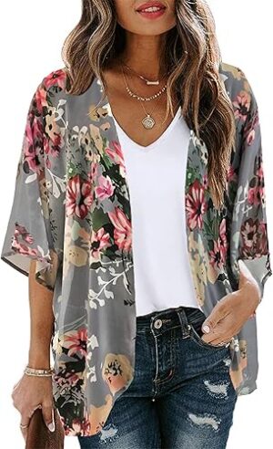 Womens Floral Print Puff Sleeve Kimono Cardigan Loose Beach Cover Up